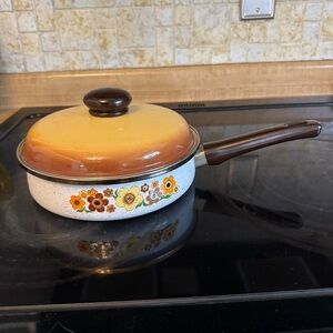 Vintage 1970's Harvest Blossom Enamel Floral Sauce Pan with Lid